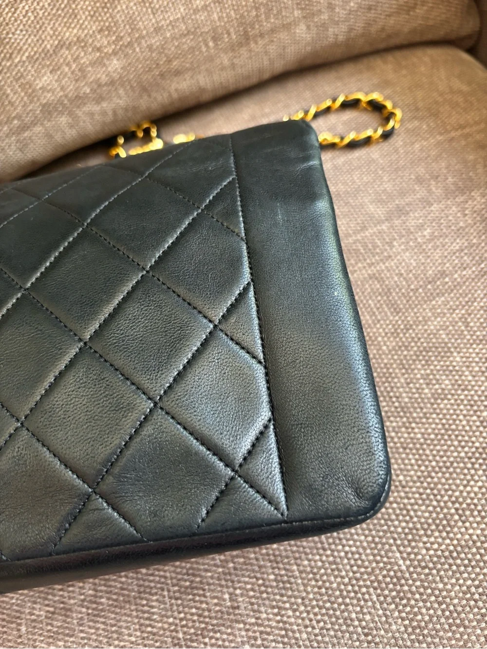 Authentic CHANEL Rare 24k gold black lambskin leather Diana bag